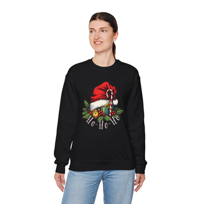Christmas Sweatshirt - 'Ho-Ho-Ho' Santa Hat & Holly Holiday Crewneck