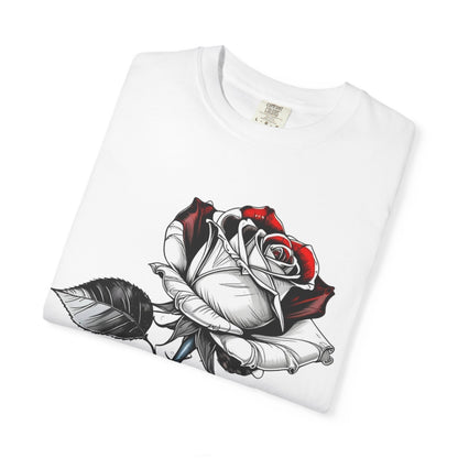 Rose Sketch T-Shirt — Black & Red Botanical Graphic Tee