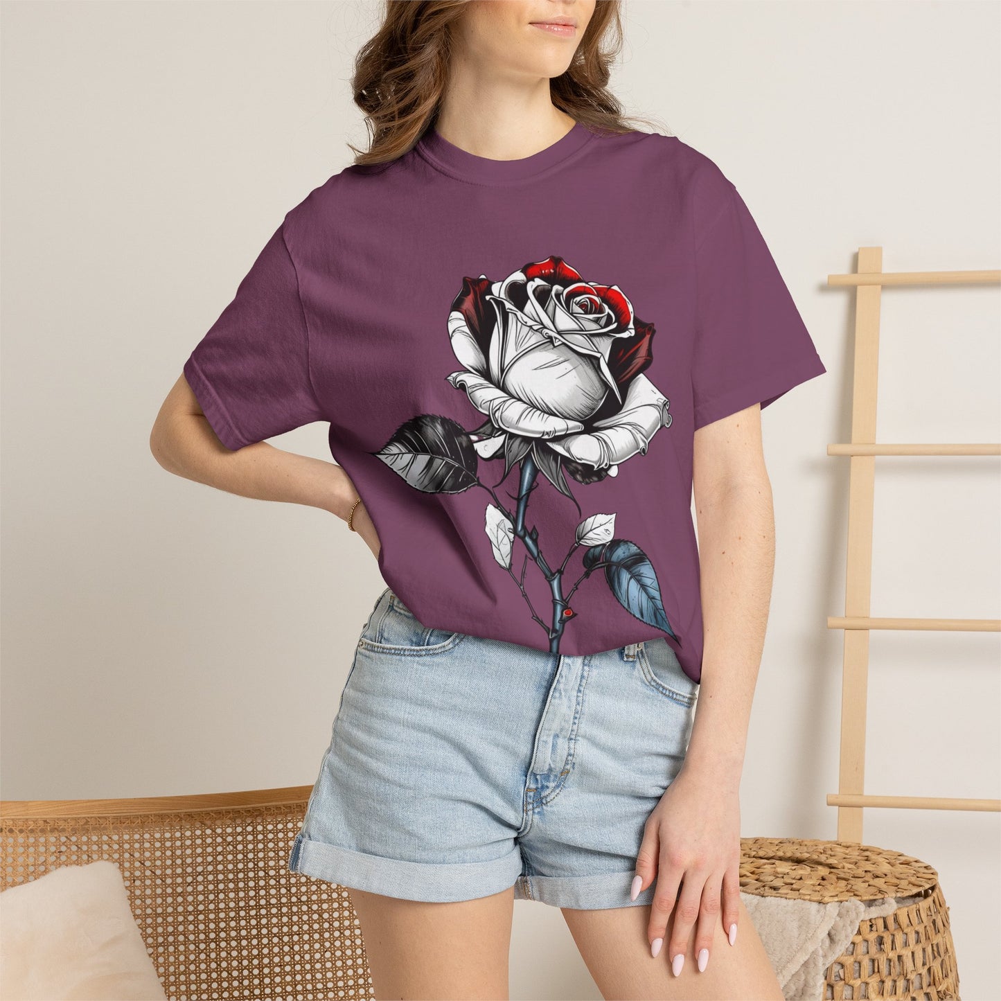 Rose Sketch T-Shirt — Black & Red Botanical Graphic Tee