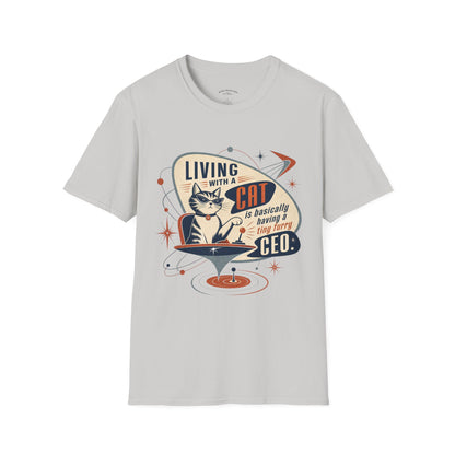 Cat T-Shirt — "Living with a Cat is Basically Having a Furry CEO" Retro Graphic