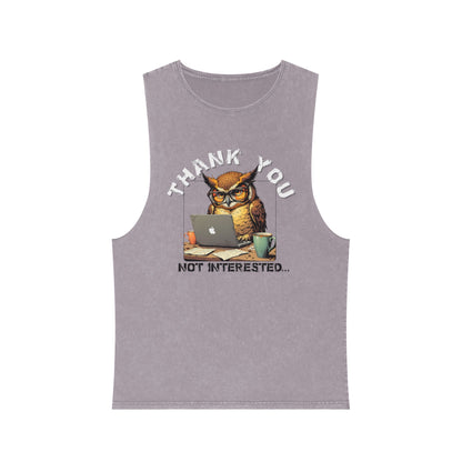 Thank You, Not Interested Tank Top — Funny Owl Laptop Graphic Stonewash Tank