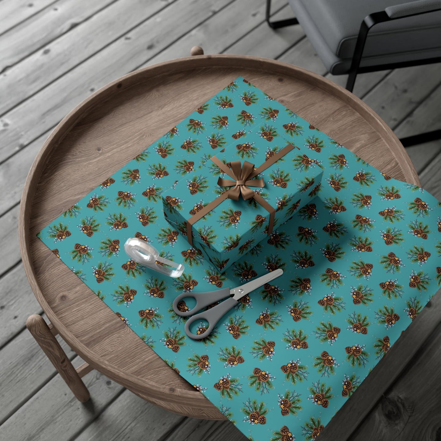 Pinecone Bouquet Gift Wrap - Rustic Teal Holiday Wrapping Paper
