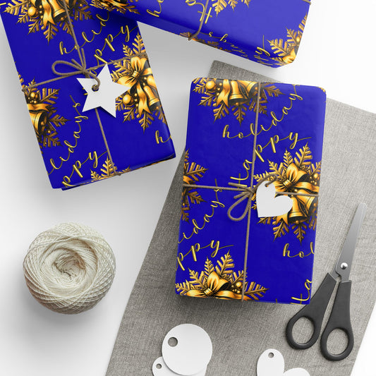 Royal Blue & Gold Holiday Wrapping Paper Roll — Elegant Floral Wreath Pattern