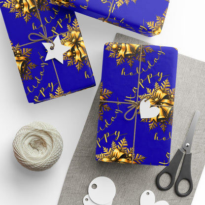 Royal Blue & Gold Holiday Wrapping Paper Roll — Elegant Floral Wreath Pattern
