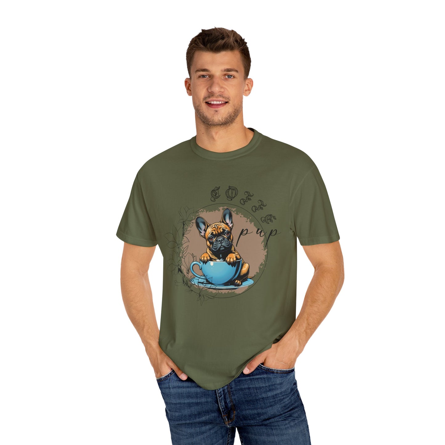 Cute French Bulldog Coffee T-Shirt - Unisex Garment-Dyed Tee