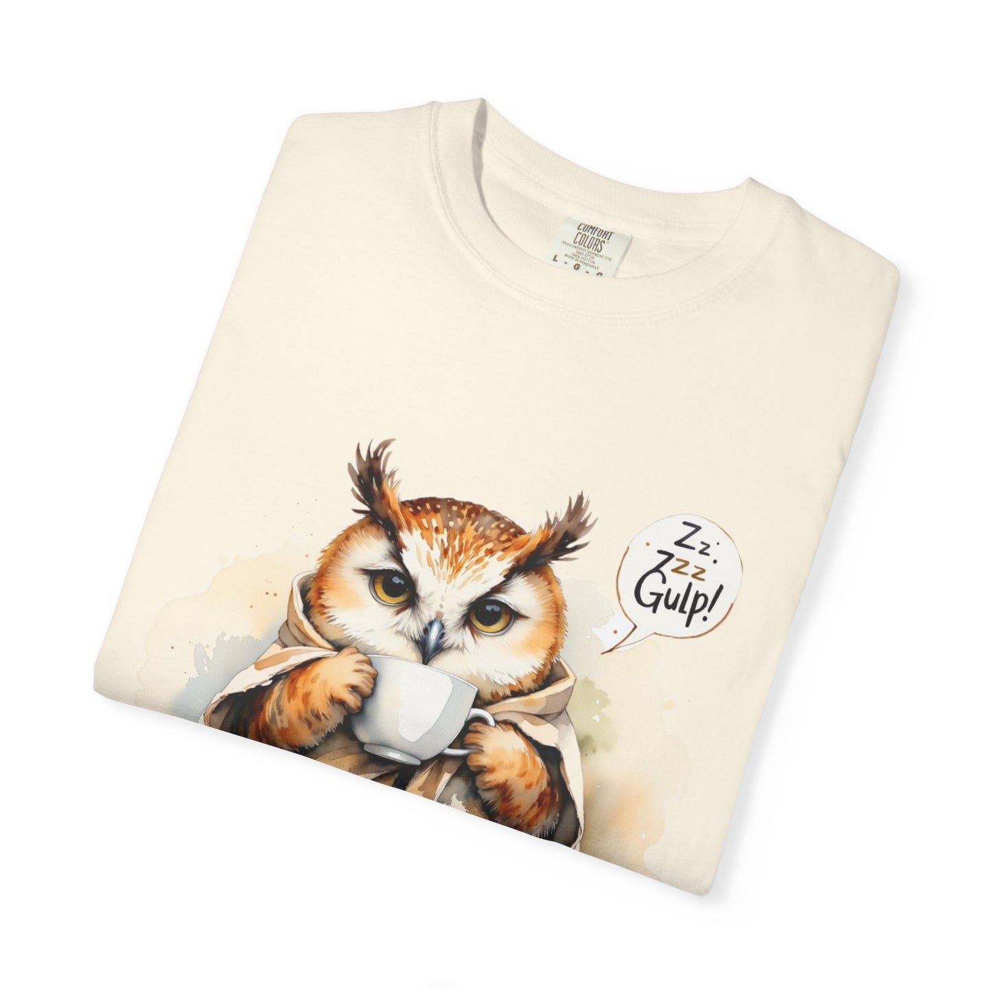 Cozy Owl Drinking Coffee T-Shirt – 'Zzz... Gulp!' Cute Morning Graphic Tee