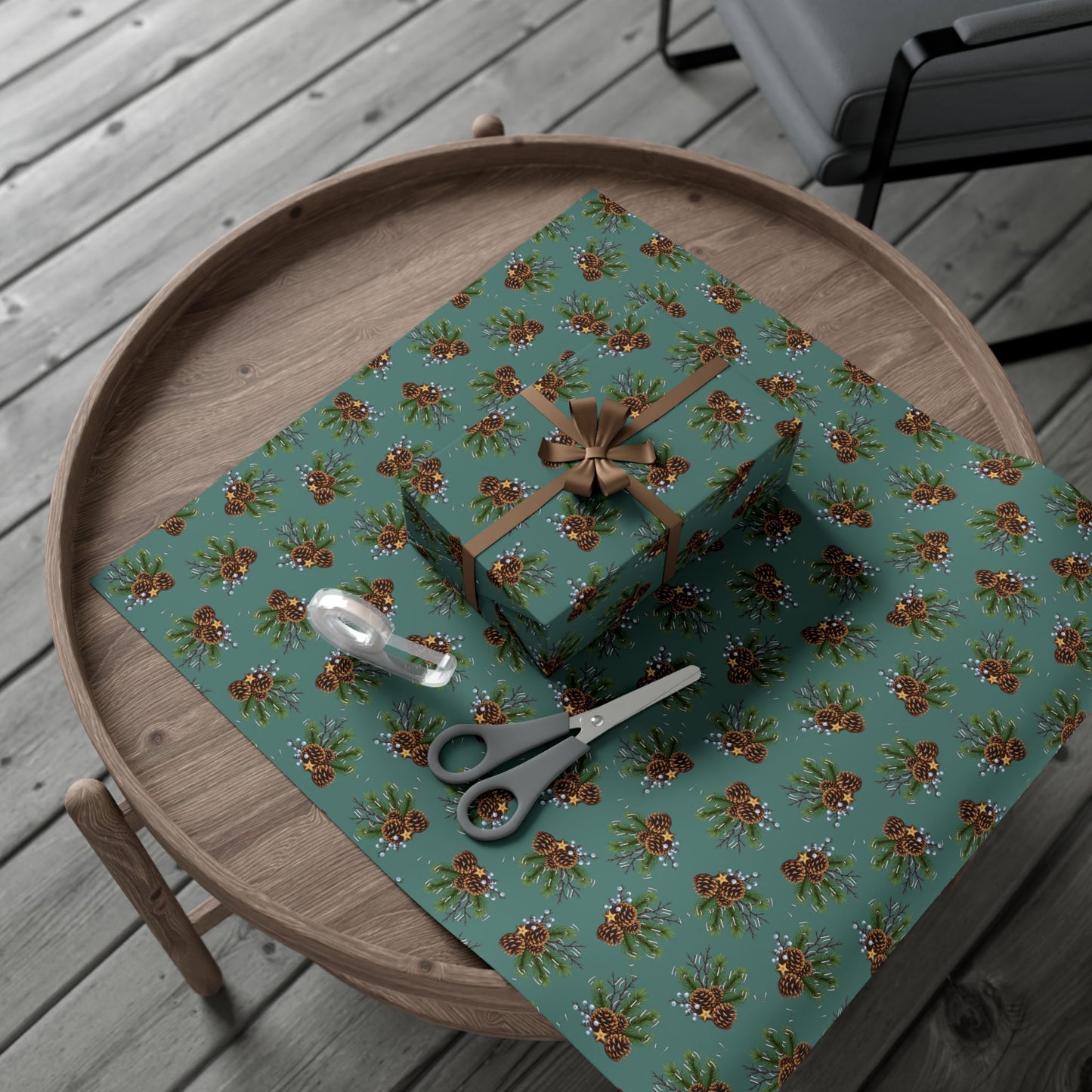 Pinecone & Evergreen Gift Wrap Paper — Holiday Floral Wrapping Sheets