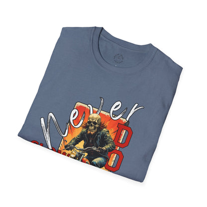 Never Slow Down Motorcycle T-Shirt - Unisex Softstyle Graphic Tee,biker, scull ,twisted