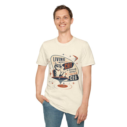 Cat T-Shirt — "Living with a Cat is Basically Having a Furry CEO" Retro Graphic