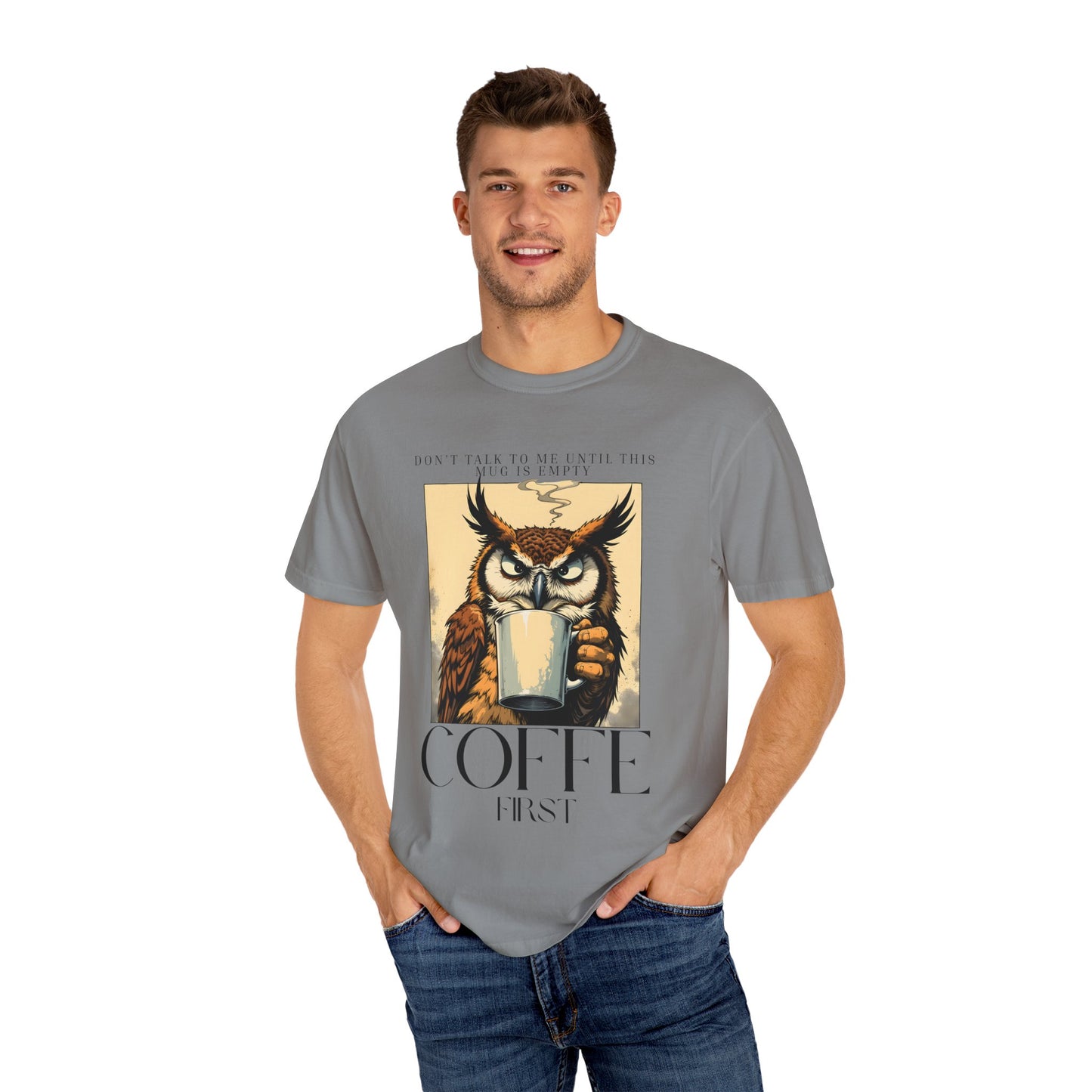 Coffee First Owl T-Shirt — Vintage Coffee Lover Graphic Tee