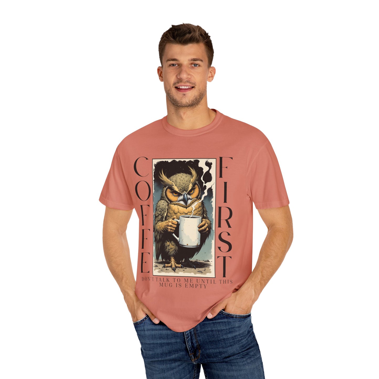 Coffee First Owl T-Shirt — Vintage Owl Holding  Graphic Tee