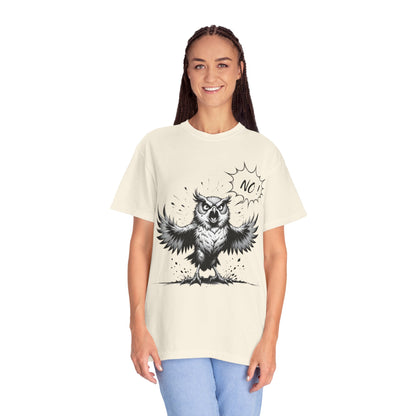 Owl Saying “No” Graphic T-Shirt — Bold Monochrome Illustration