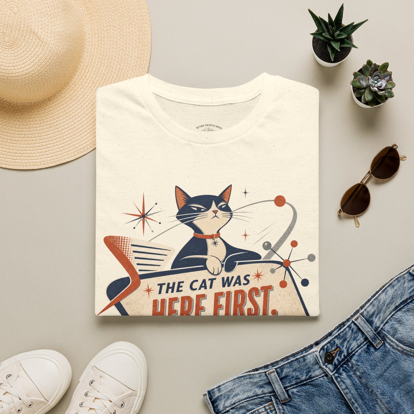 Cat Was Here First T-Shirt — Retro Mid-Century Kitty "You’re Just Visiting" Tee
