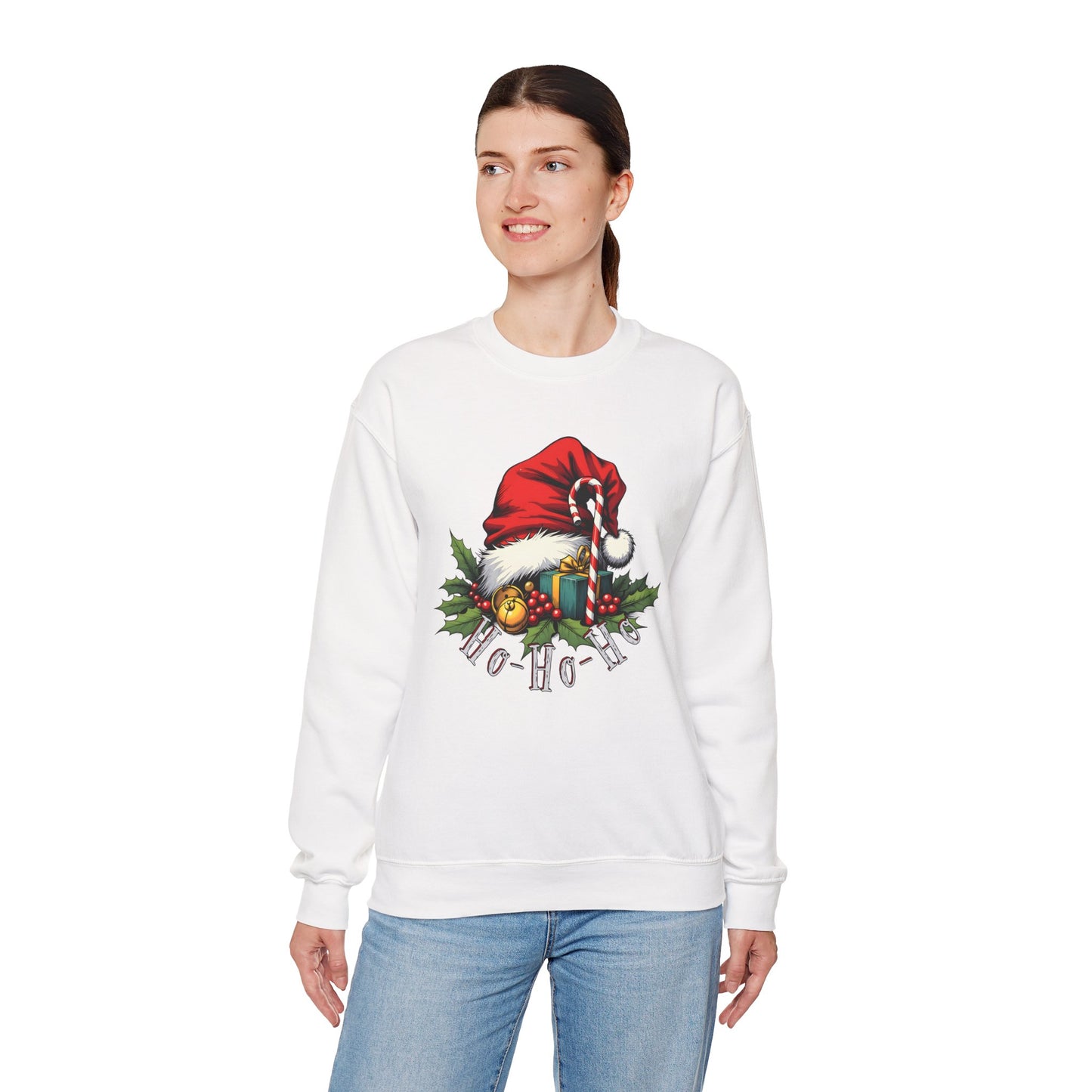 Christmas Sweatshirt - 'Ho-Ho-Ho' Santa Hat & Holly Holiday Crewneck