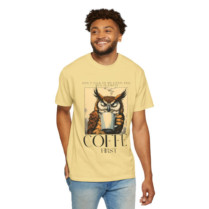 Coffee First Owl T-Shirt — Vintage Coffee Lover Graphic Tee