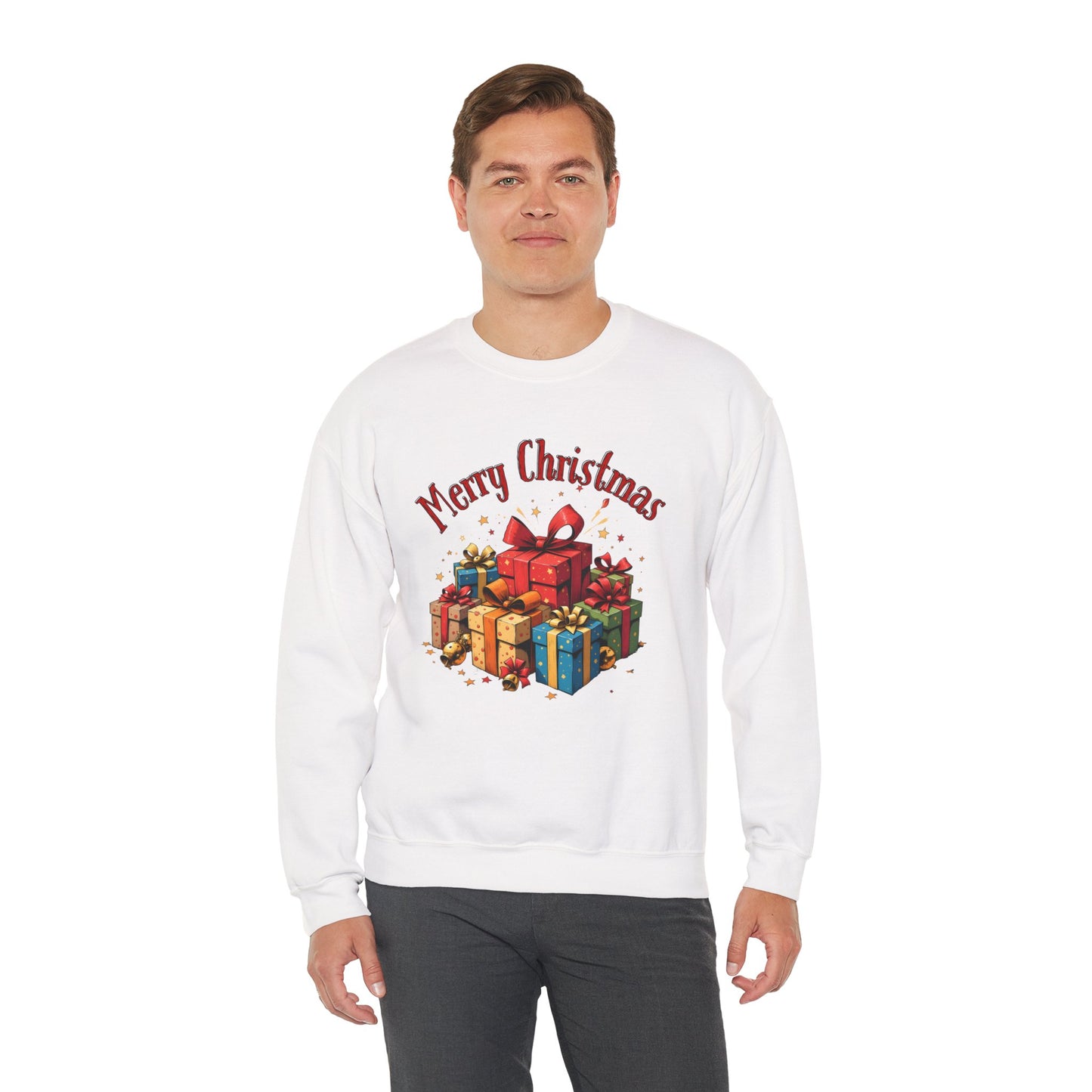 Christmas Crewneck Sweatshirt — "Merry Christmas" with Festive Gift Pile