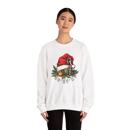 Christmas Sweatshirt - 'Ho-Ho-Ho' Santa Hat & Holly Holiday Crewneck