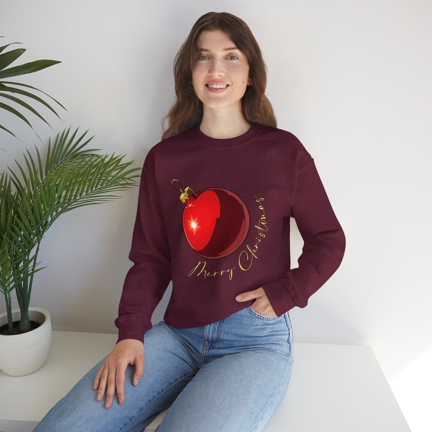 Christmas Ornament Crewneck Sweatshirt — Red Bauble "Merry Christmas" Holiday Sweater