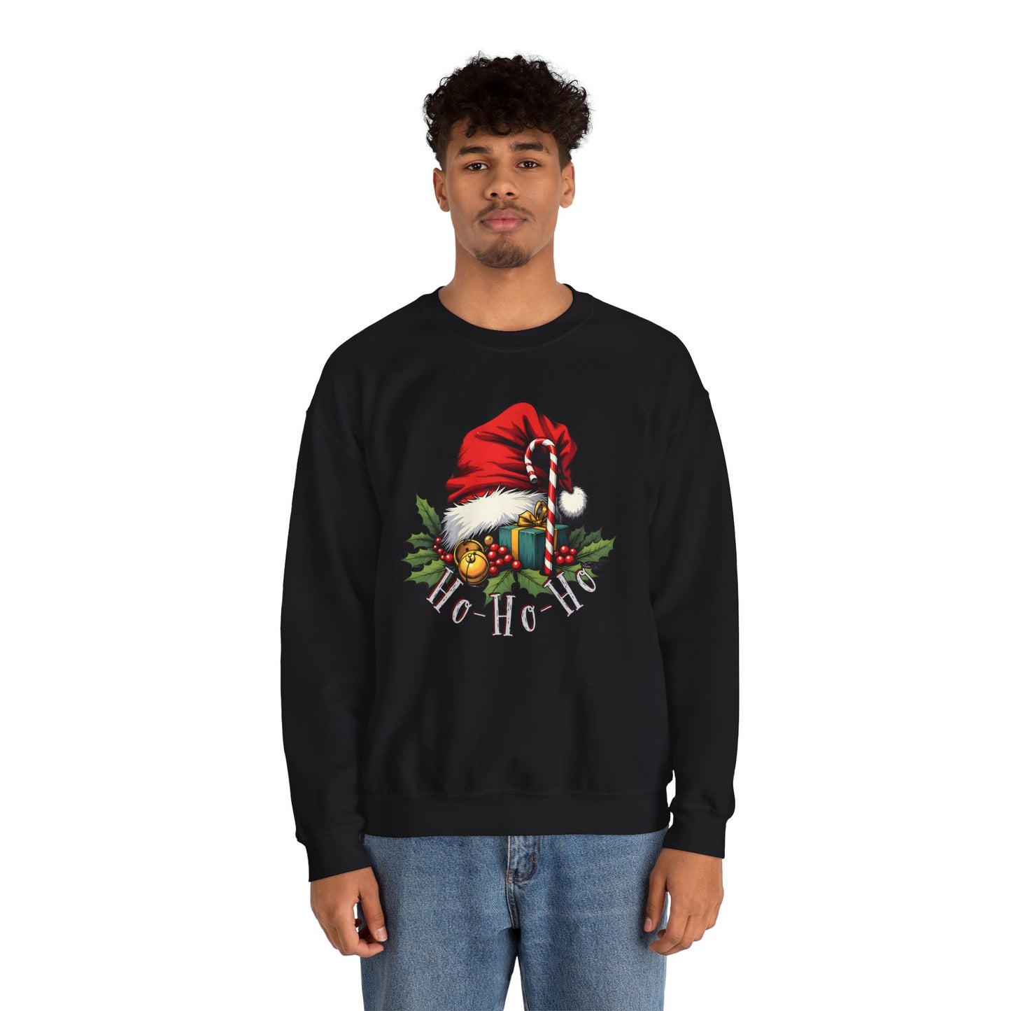 Christmas Sweatshirt - 'Ho-Ho-Ho' Santa Hat & Holly Holiday Crewneck
