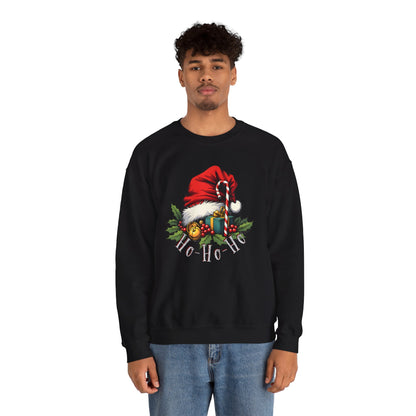Christmas Sweatshirt - 'Ho-Ho-Ho' Santa Hat & Holly Holiday Crewneck