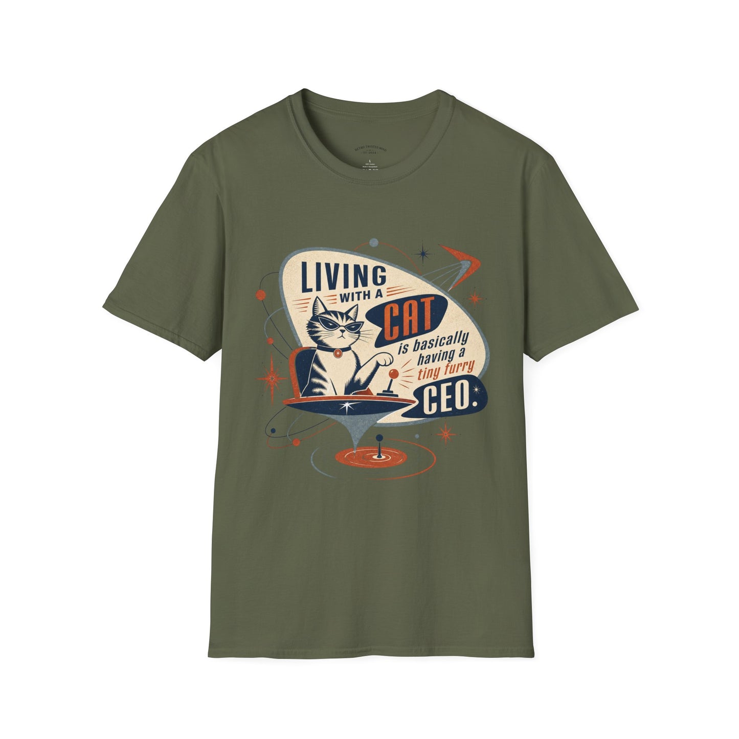 Cat T-Shirt — "Living with a Cat is Basically Having a Furry CEO" Retro Graphic
