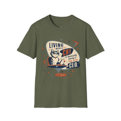 Cat T-Shirt — "Living with a Cat is Basically Having a Furry CEO" Retro Graphic