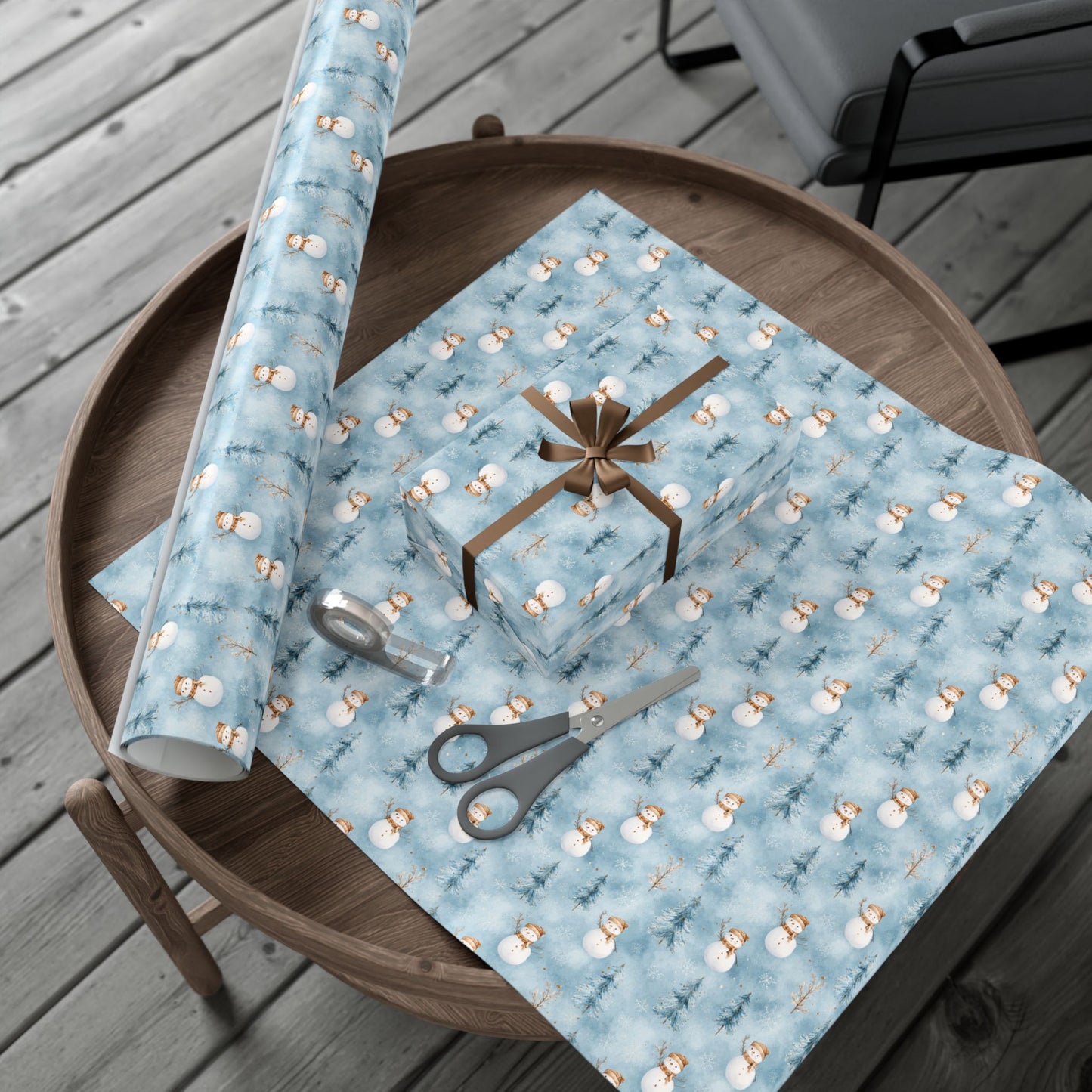 Snowman & Pine Holiday Gift Wrap Paper — Blue Winter Christmas Wrapping Sheets