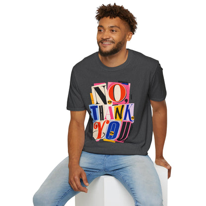 No, Thank You Graphic Tee — Colorful Bold Lettering T‑Shirt