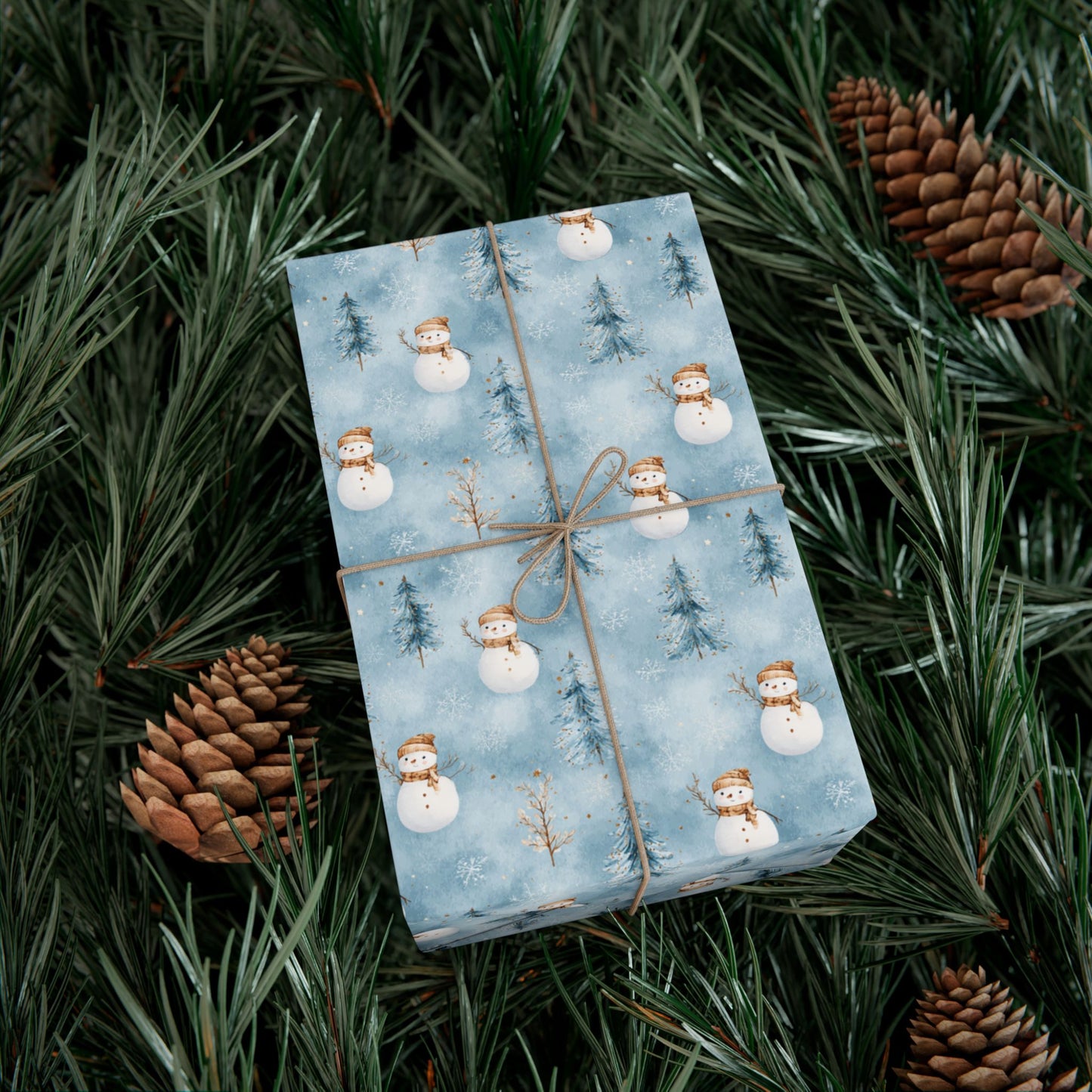 Snowman & Pine Holiday Gift Wrap Paper — Blue Winter Christmas Wrapping Sheets