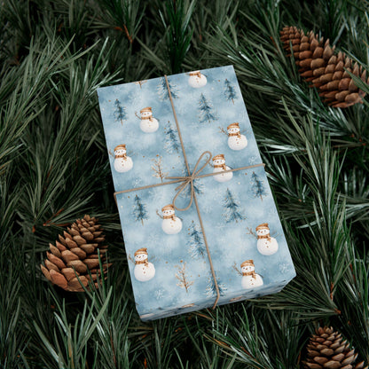 Snowman & Pine Holiday Gift Wrap Paper — Blue Winter Christmas Wrapping Sheets