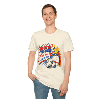 Cat T-Shirt — "My Cat Has Two Moods: Feed Me, Leave Me Alone" Funny Retro Comic Tee