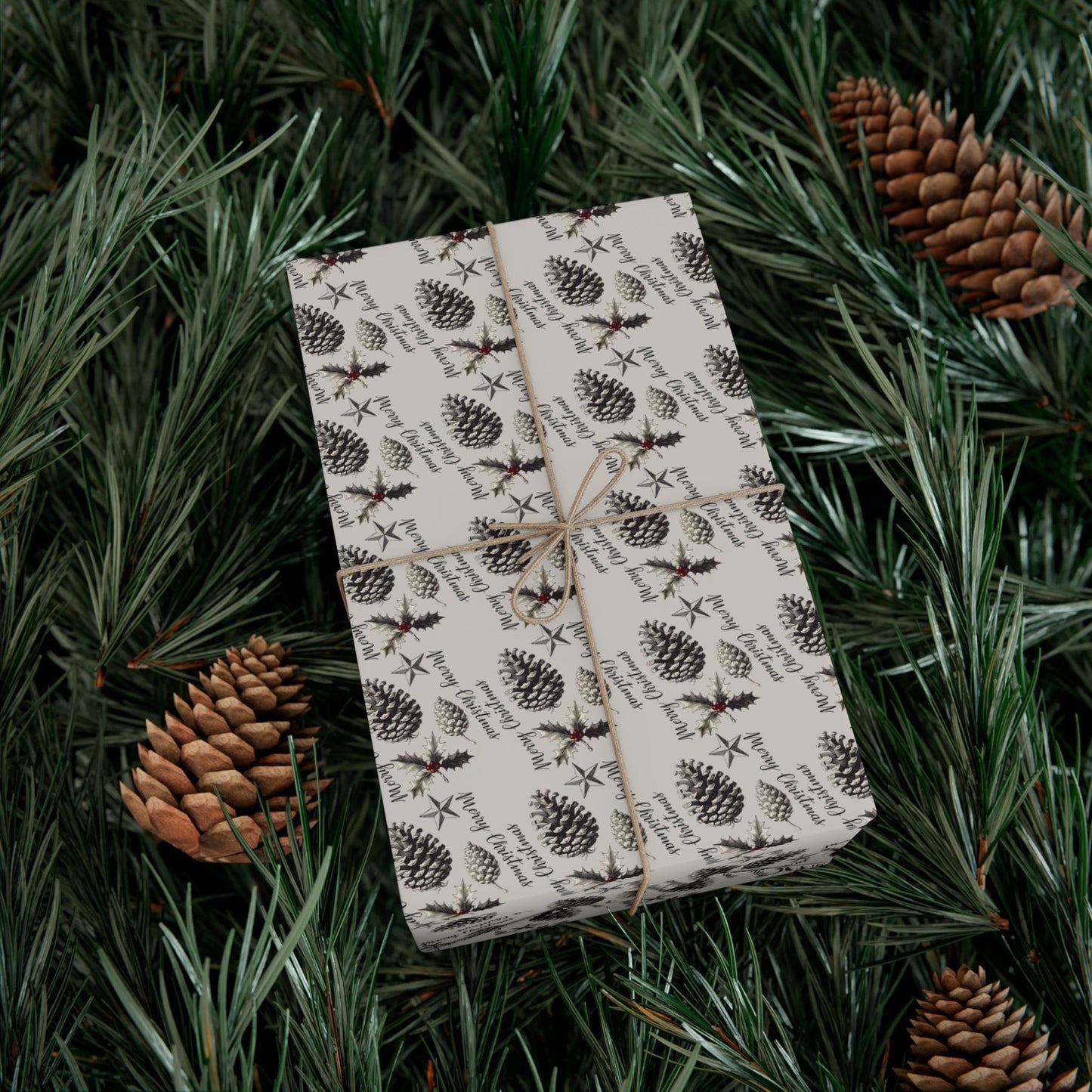 Gift Wrap Paper - Neutral Pinecone & Sprig Pattern, Rustic Holiday Wrapping Paper