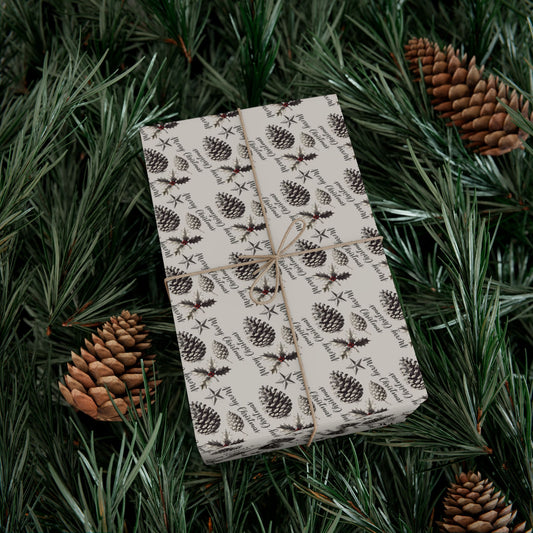 Gift Wrap Paper - Neutral Pinecone & Sprig Pattern, Rustic Holiday Wrapping Paper
