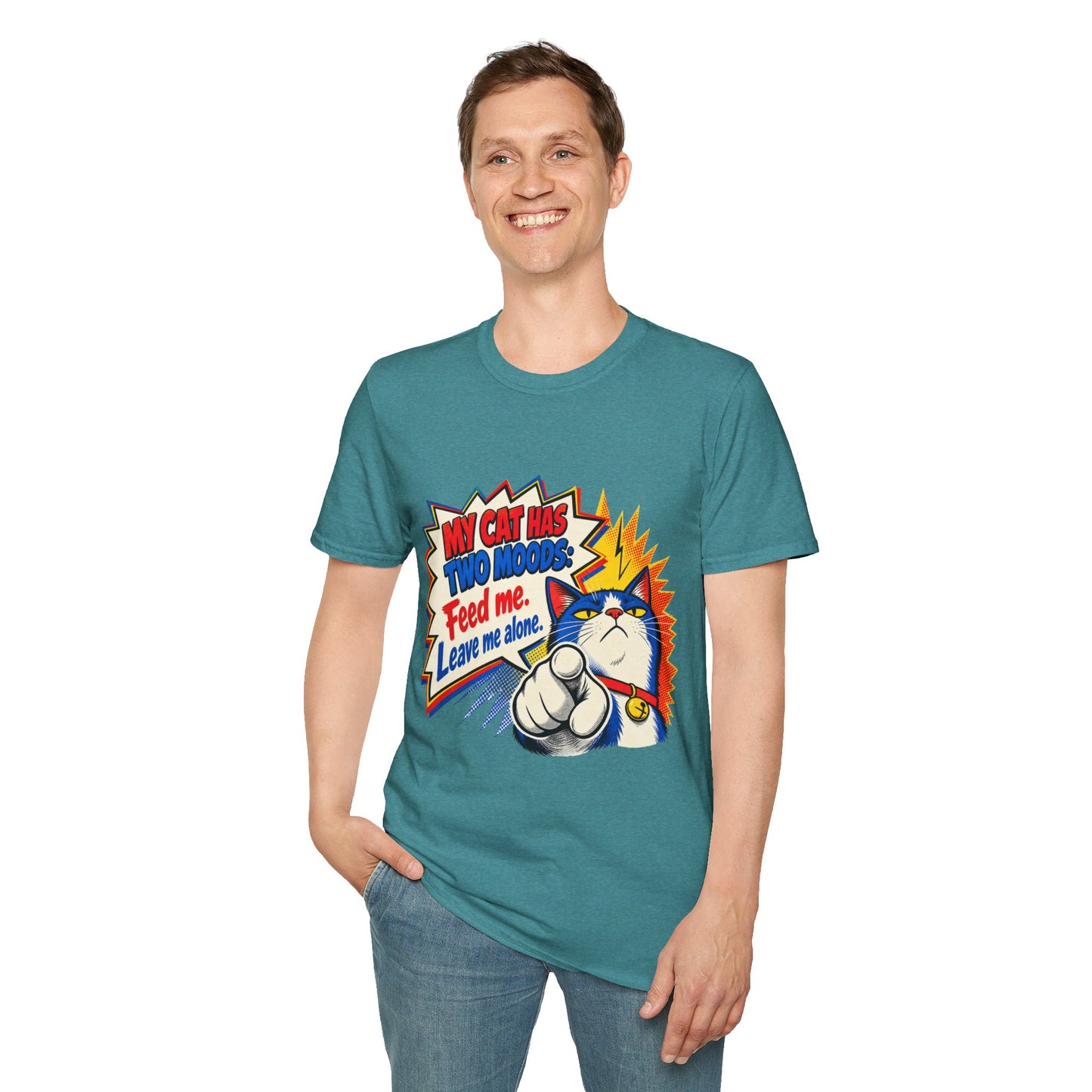 Cat T-Shirt — "My Cat Has Two Moods: Feed Me, Leave Me Alone" Funny Retro Comic Tee