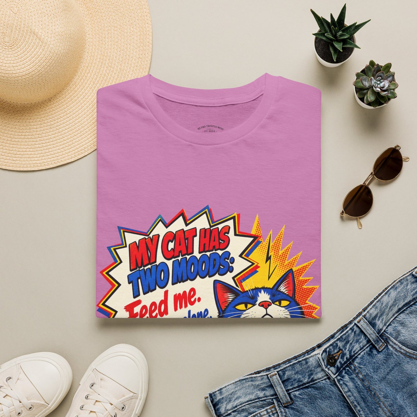 Cat T-Shirt — "My Cat Has Two Moods: Feed Me, Leave Me Alone" Funny Retro Comic Tee