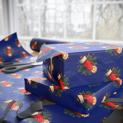 Strawberry Floral Wrapping Paper Roll — Blue Fruit Pattern Gift Wrap for Birthdays & Holidays