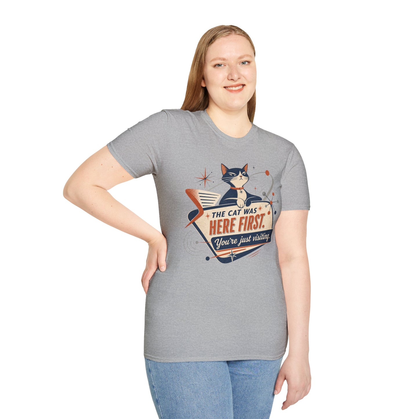 Cat Was Here First T-Shirt — Retro Mid-Century Kitty "You’re Just Visiting" Tee