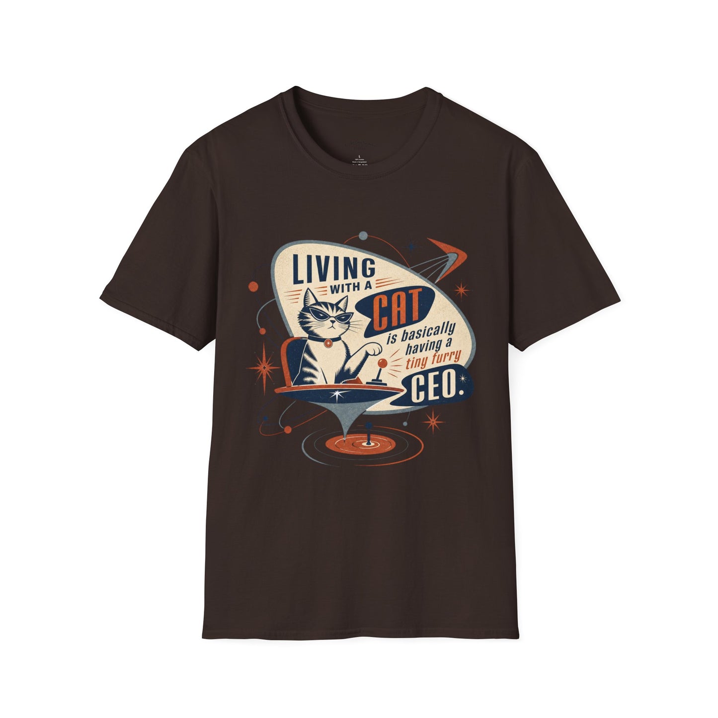 Cat T-Shirt — "Living with a Cat is Basically Having a Furry CEO" Retro Graphic