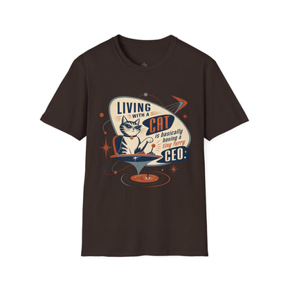 Cat T-Shirt — "Living with a Cat is Basically Having a Furry CEO" Retro Graphic