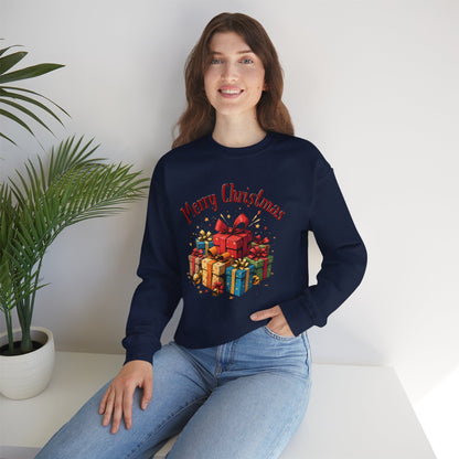 Christmas Crewneck Sweatshirt — "Merry Christmas" with Festive Gift Pile