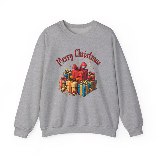 Christmas Crewneck Sweatshirt — "Merry Christmas" with Festive Gift Pile