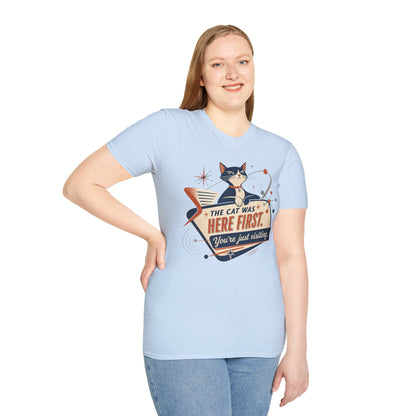 Cat Was Here First T-Shirt — Retro Mid-Century Kitty "You’re Just Visiting" Tee