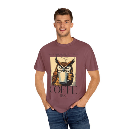 Coffee First Owl T-Shirt — Vintage Coffee Lover Graphic Tee
