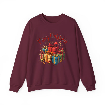 Christmas Crewneck Sweatshirt — "Merry Christmas" with Festive Gift Pile