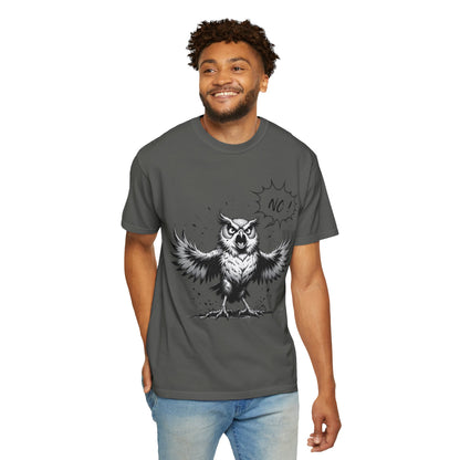 Owl Saying “No” Graphic T-Shirt — Bold Monochrome Illustration