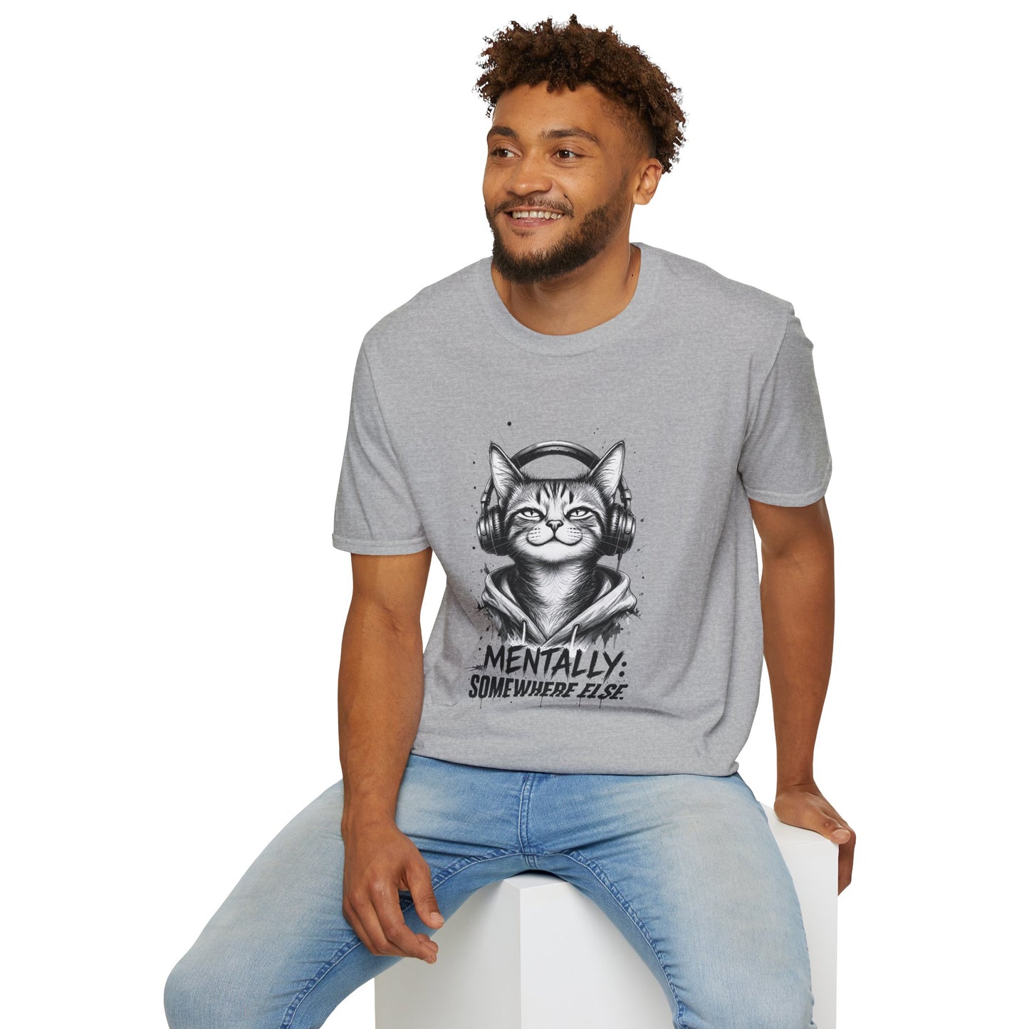 T-Shirt — Cat with Headphones "Mentally: Somewhere Else" – Cute Relaxed Graphic Tee for Cat Lovers