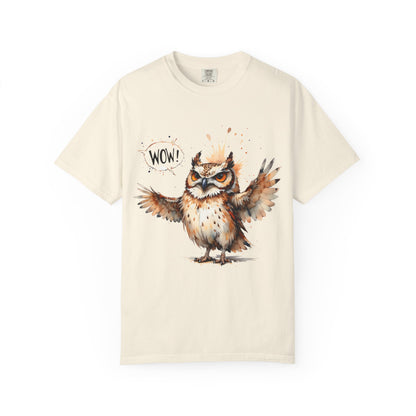 Owl Watercolor T-Shirt — Cute 'Wow!' Cartoon Owl Graphic Tee