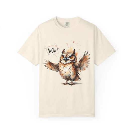 Owl Watercolor T-Shirt — Cute 'Wow!' Cartoon Owl Graphic Tee