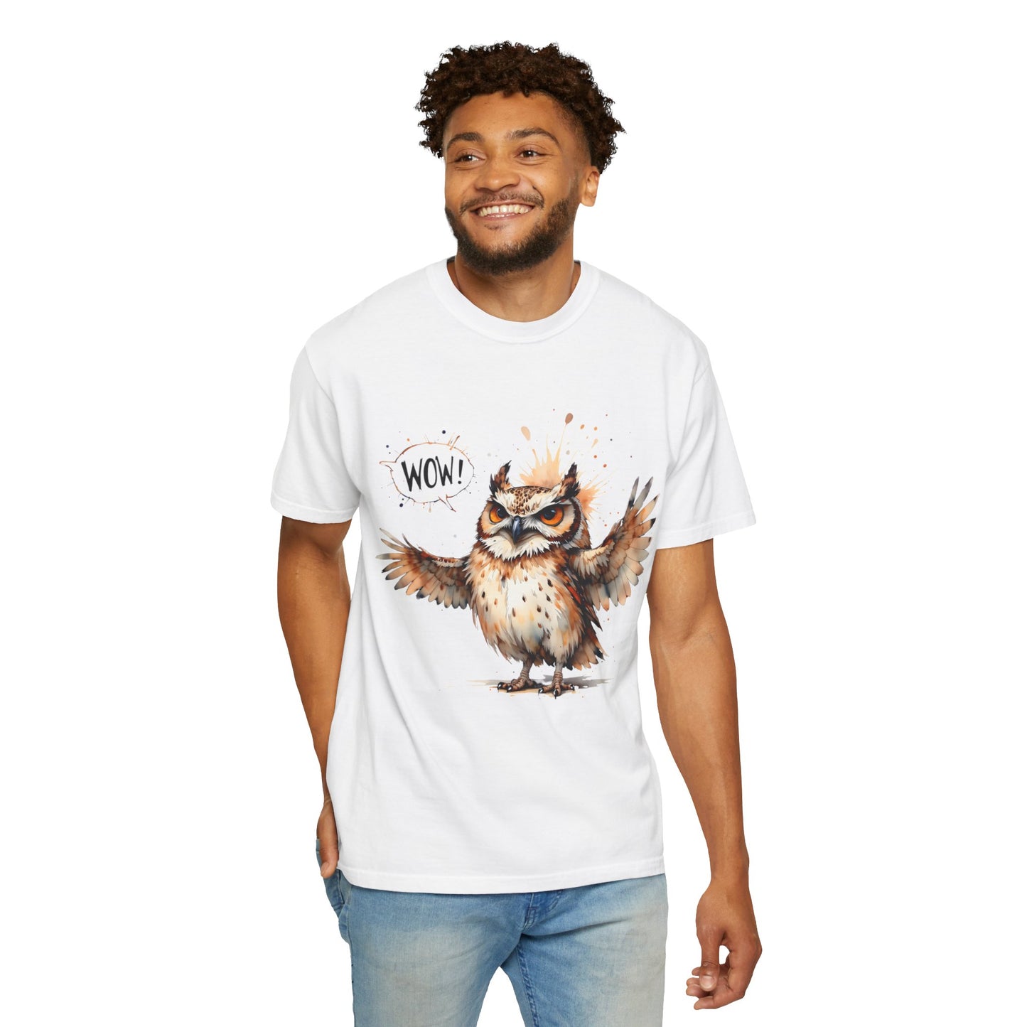 Owl Watercolor T-Shirt — Cute 'Wow!' Cartoon Owl Graphic Tee