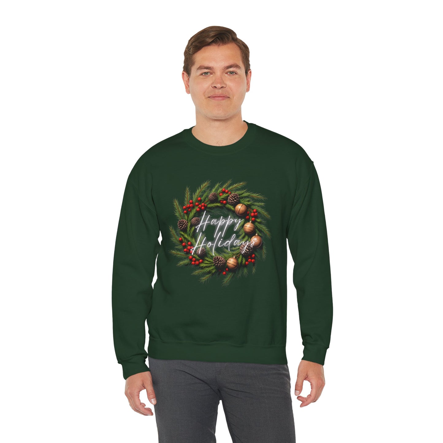 Christmas Wreath Crewneck Sweatshirt – Festive Pine & Ornaments Holiday Sweater